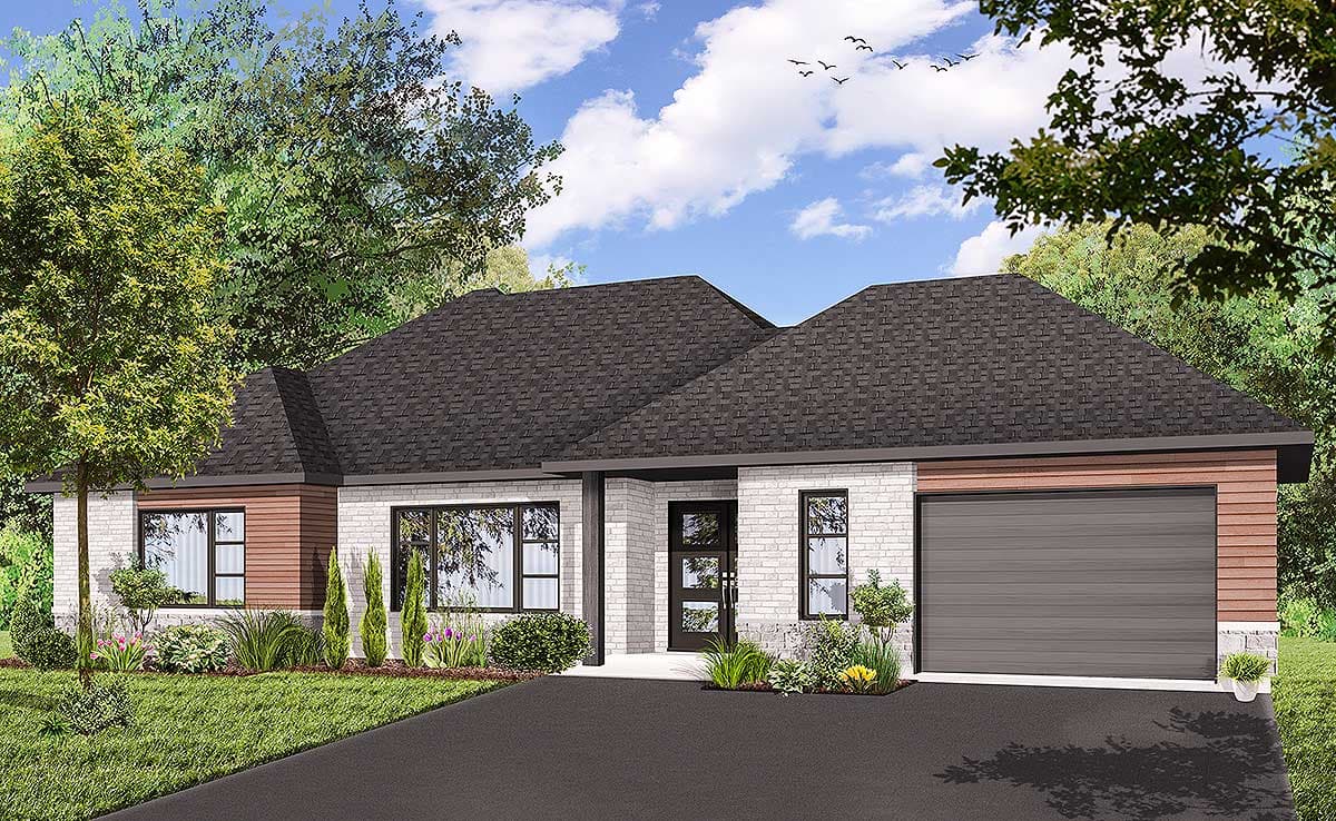 House plan exterior. Ranch style with a single story. Features include a side-entry garage, brick facade, and a low-pitched roofline.