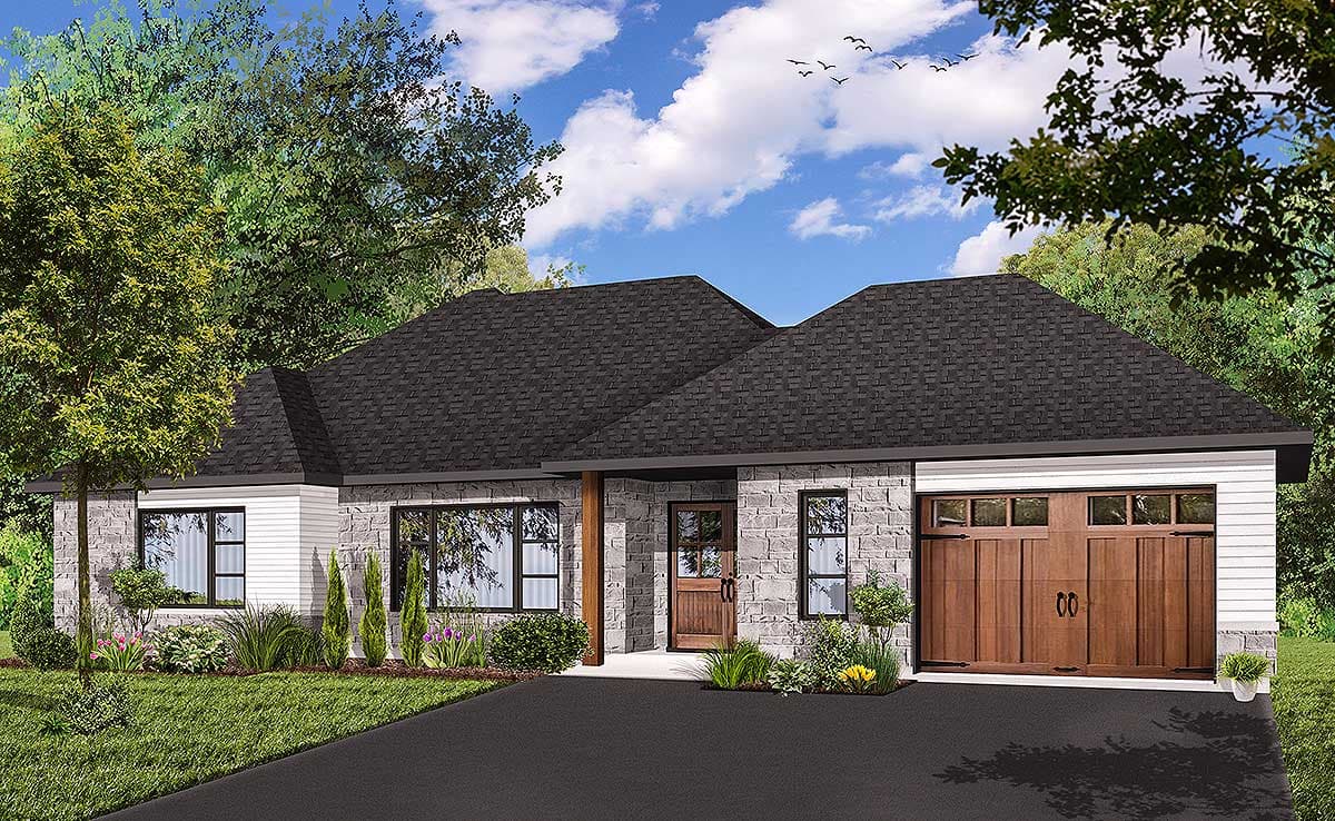 House plan exterior: Ranch style, one story, stone and white siding, covered entry, and two-car garage.