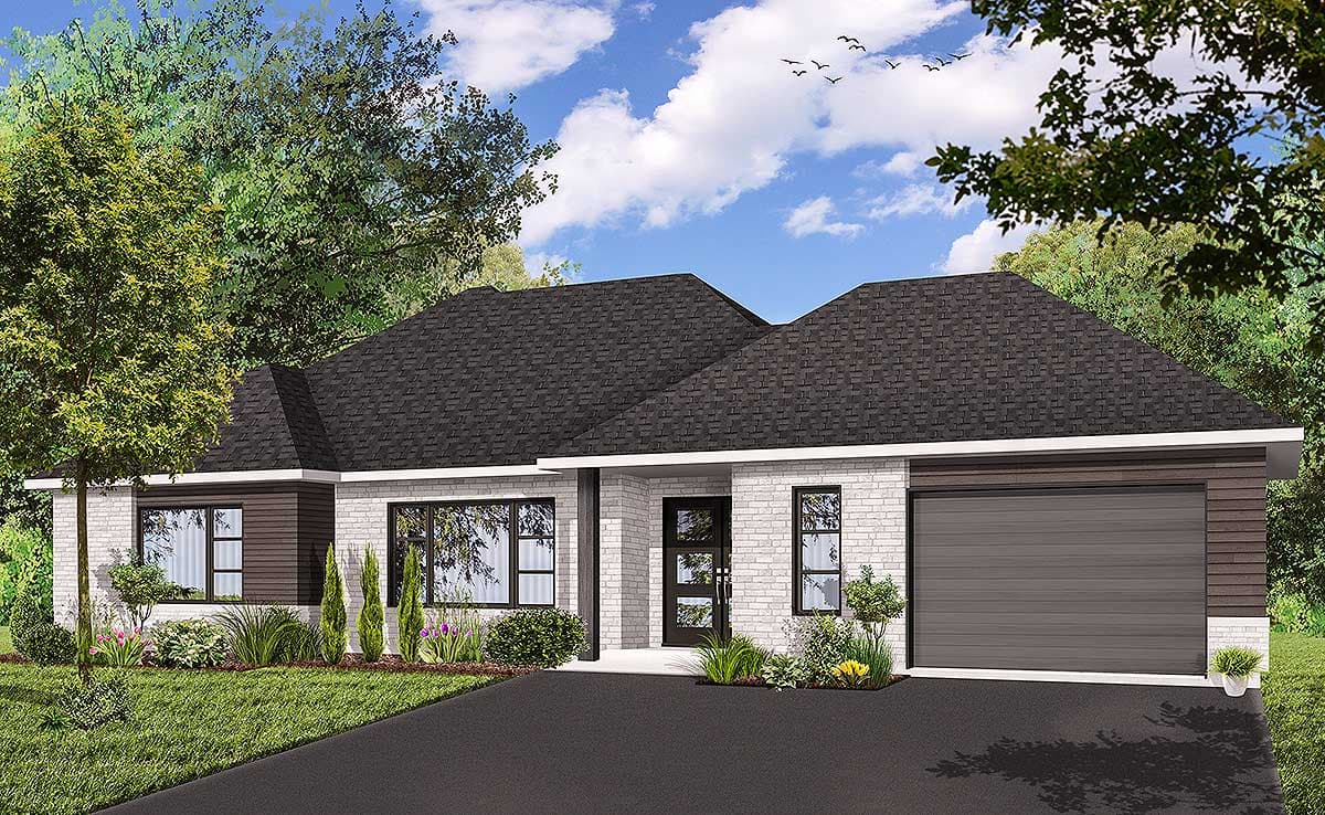 House plan exterior: single-story dwelling with white brick, dark wood siding, asphalt shingle roof, and attached garage.