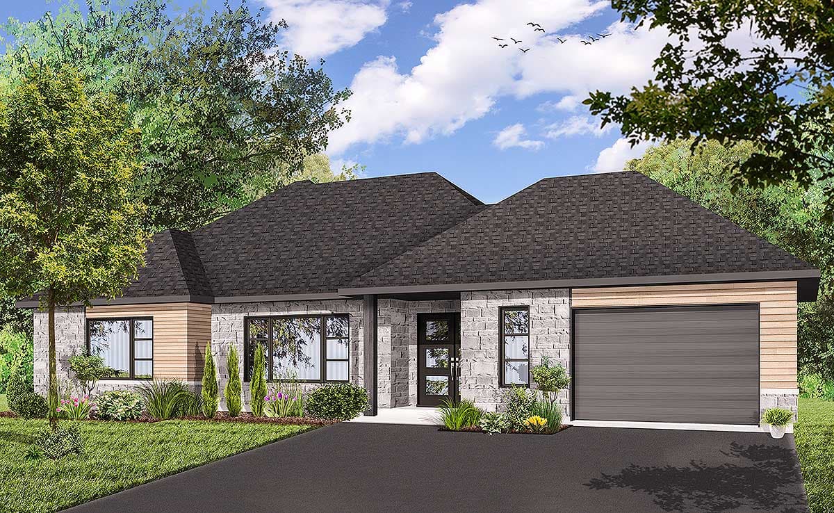House plan exterior for a single-story home with stone and wood siding, gabled rooflines, and an attached garage.