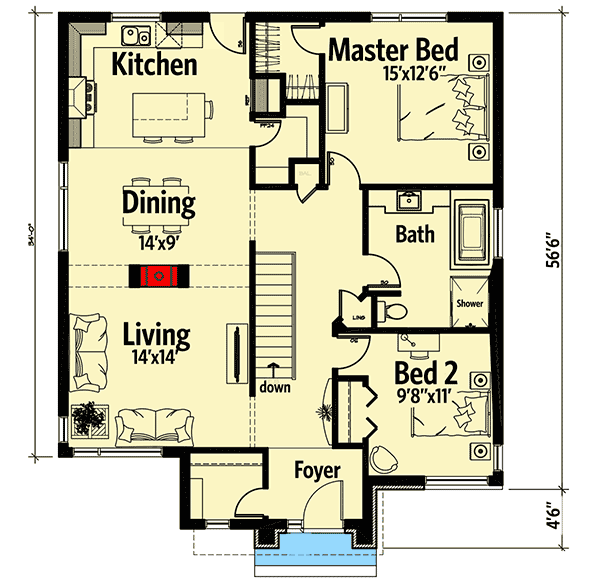 Plan 22509DR: Modern House Plan with 2-Beds and 2-Sided Fireplace - Floor Plan - Main Level - Contemporary, Modern, Northwest