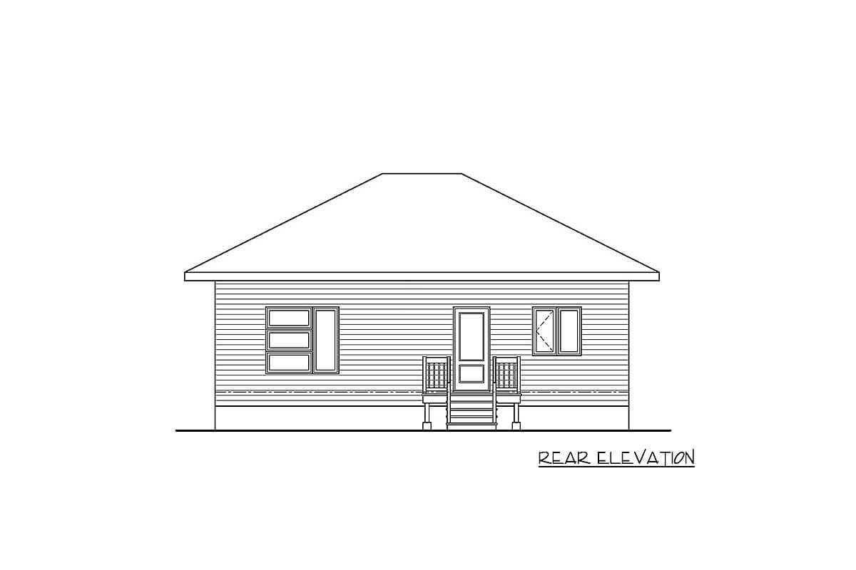 Rear elevation drawing of a one-story house with horizontal siding, a gable roof, a central door with porch, and two windows.