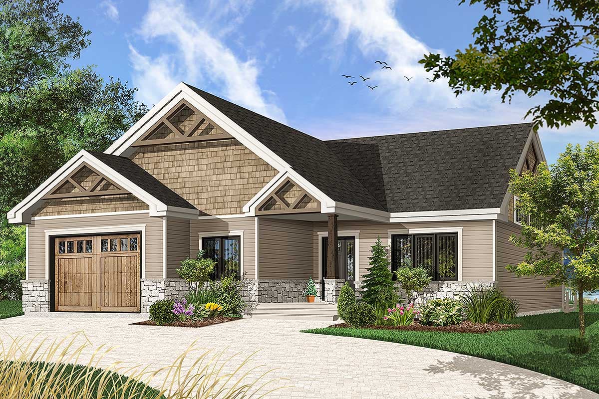 House plan exterior: Ranch style, one story, with wood garage door, stone base, covered porch, and decorative gables.