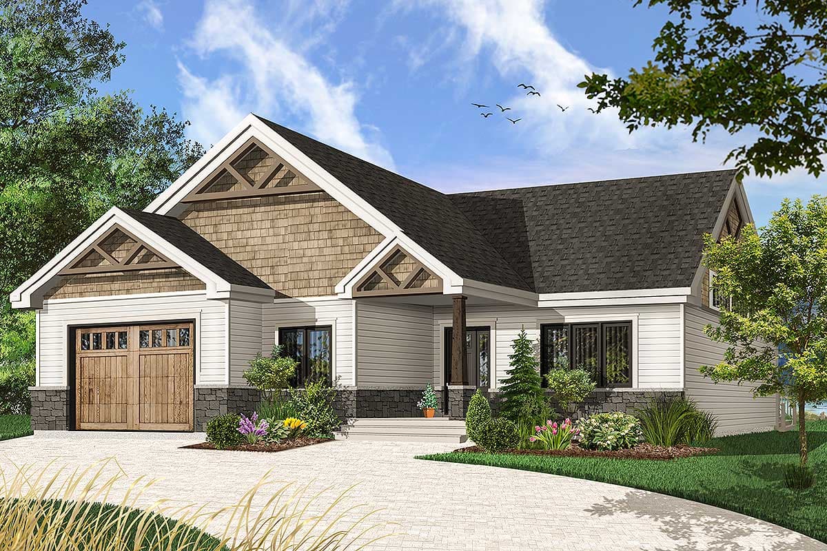 House plan exterior: Modern Farmhouse style, one-story, with prominent gables, wood shingle siding accents, and covered front porch.