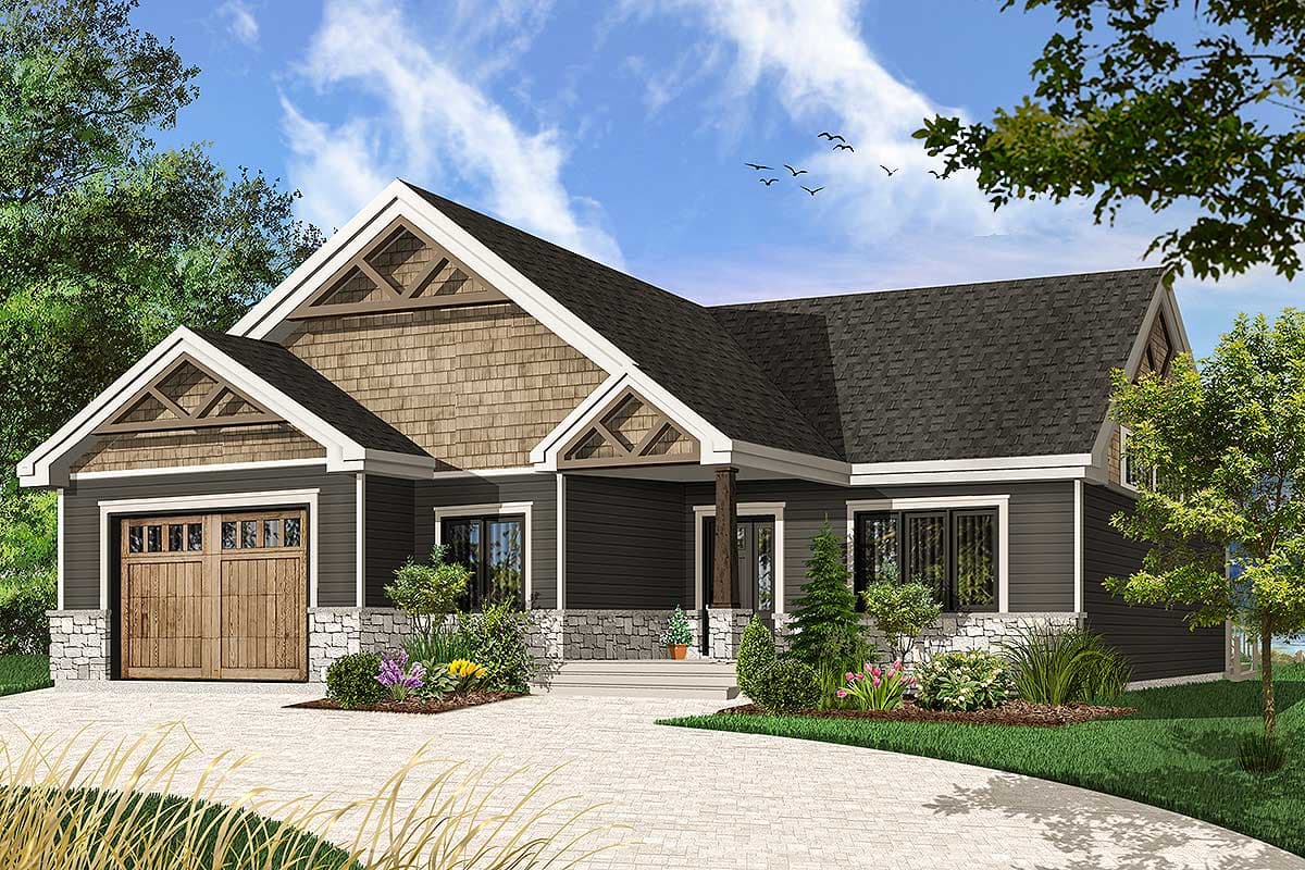 Craftsman style house plan exterior featuring a covered front porch, stone accents, gabled rooflines, and a two-car garage.