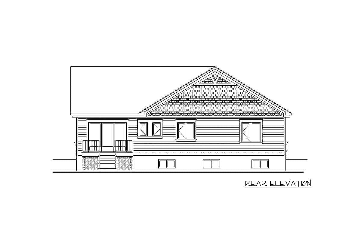 Rear elevation house plan. Single-story home with gabled dormer, double doors, and multiple windows.