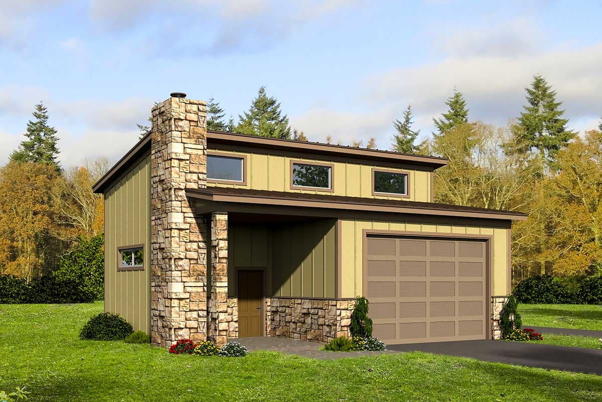 House plan exterior. Contemporary style, one-story home with stone chimney, covered entry porch, and attached garage.