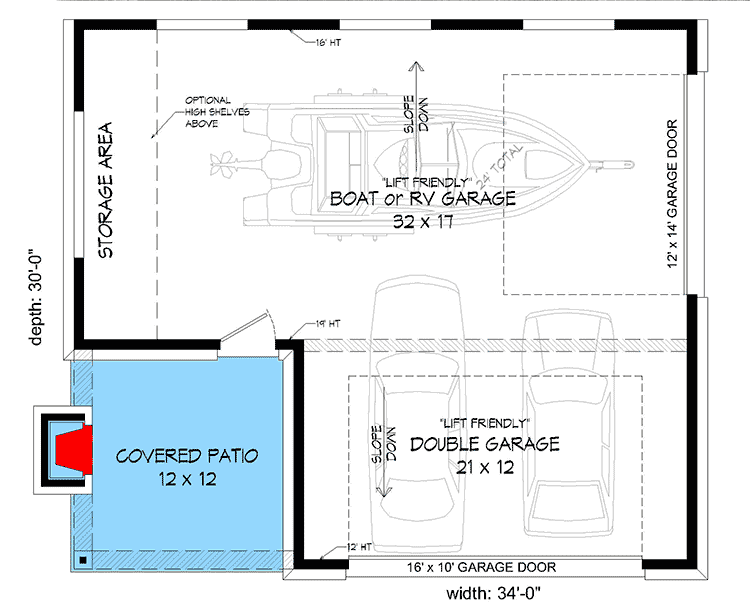 Plan 68534VR: Detached Garage Plan with RV or Boat Storage - Floor Plan - Main Level - Craftsman, Ranch, Traditional