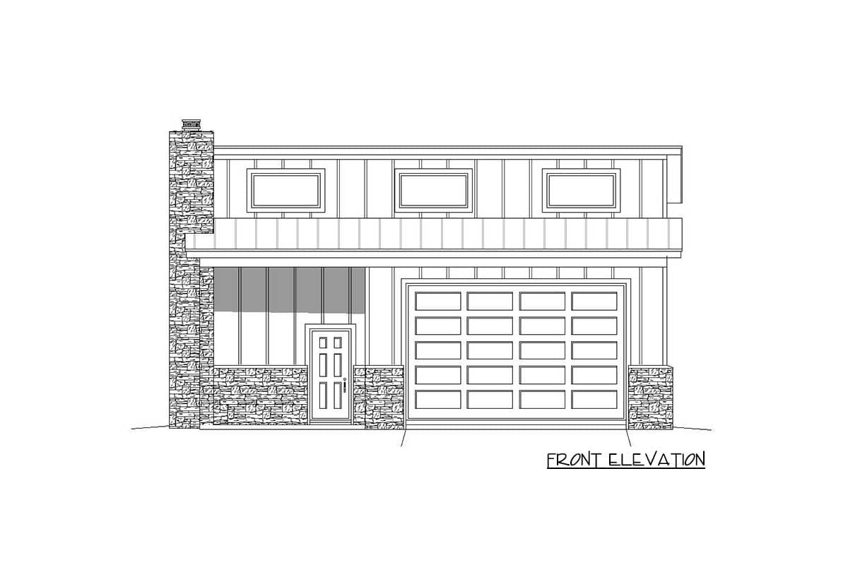 Front elevation house plan featuring a stone chimney, covered porch, double garage, and upper-level windows.