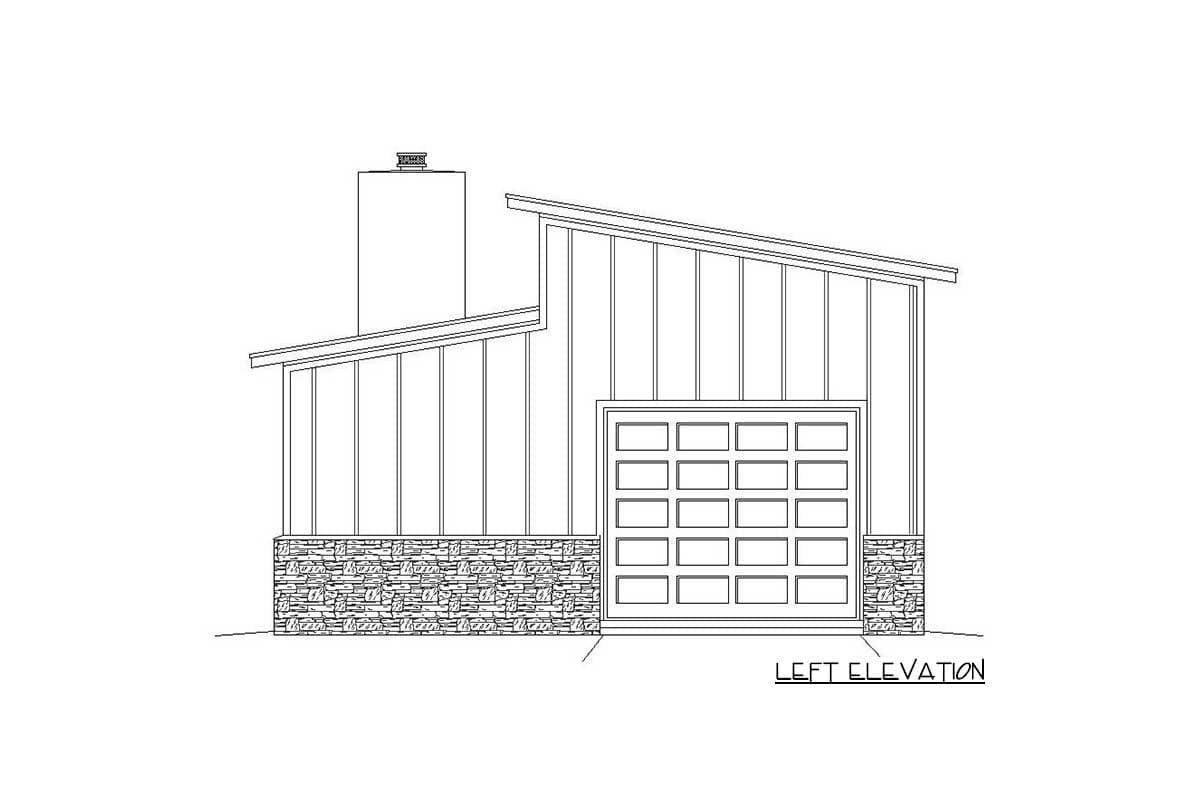Left elevation house plan showing a garage door, stone base, and tall chimney with a sloped roof.