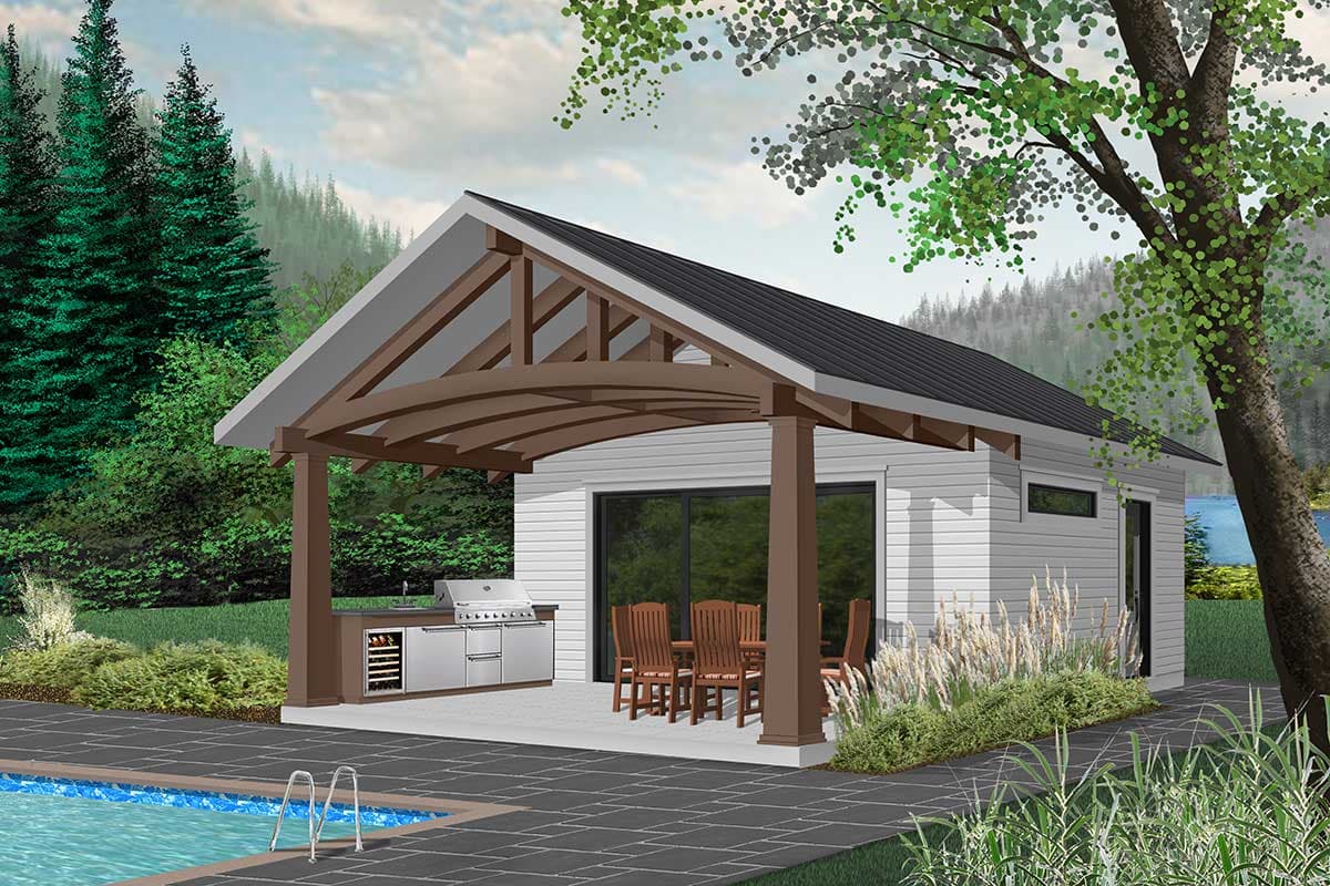 House plan exterior. Features a covered patio with dining set, outdoor kitchen, and gable roof. Siding is white with dark trim.