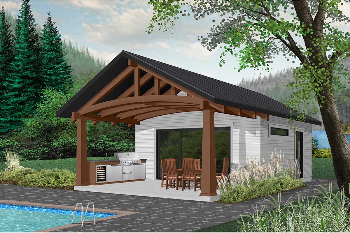 House plan exterior featuring a covered outdoor kitchen and dining area with a vaulted wooden beam roof structure, adjacent to a pool.