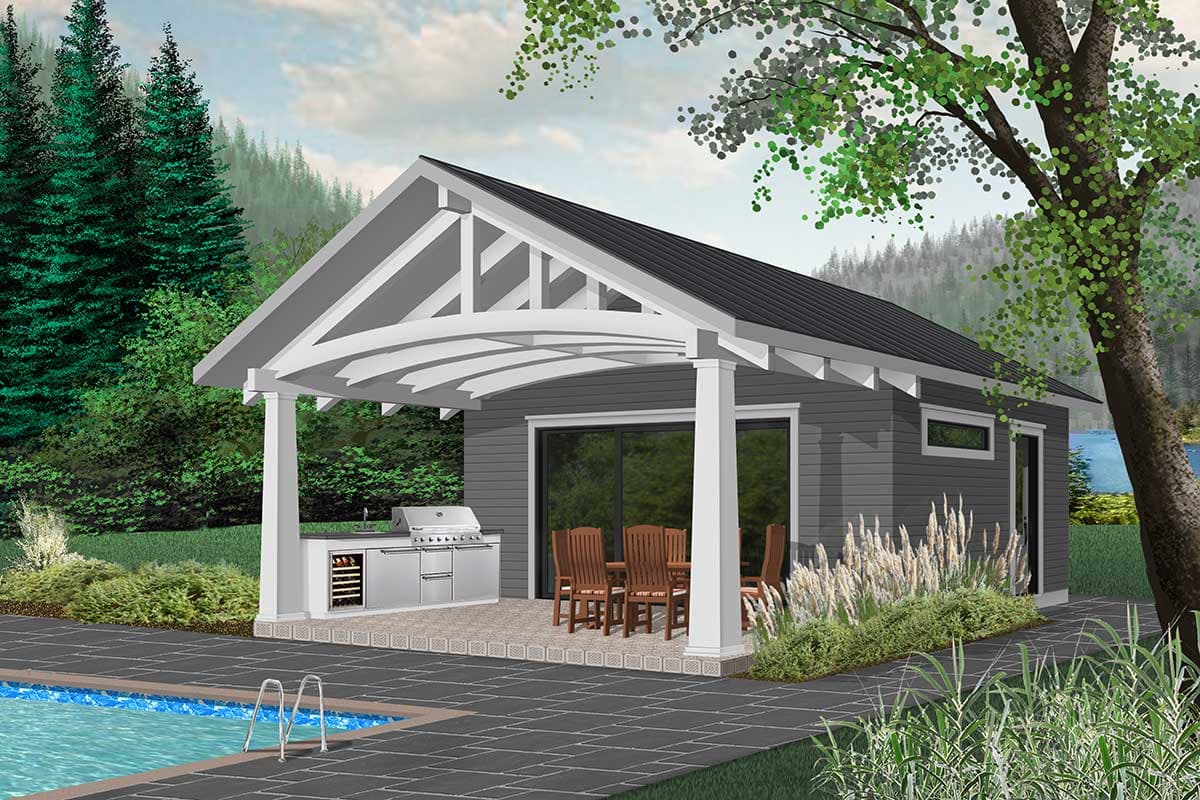 House plan exterior of a modern pool house with an outdoor kitchen, dining area, and covered patio with exposed rafters.