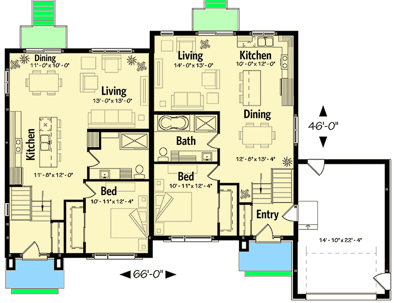 Plan 22498DR: Modern Duplex House Plan with 3 Beds and 2 Baths Per Unit - Floor Plan - Main Level - Contemporary, Mid Century Modern, Modern