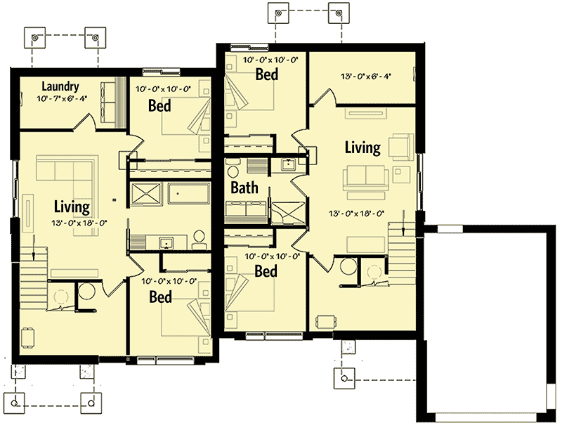 Plan 22498DR: Modern Duplex House Plan with 3 Beds and 2 Baths Per Unit - Floor Plan - Lower Level - Contemporary, Mid Century Modern, Modern
