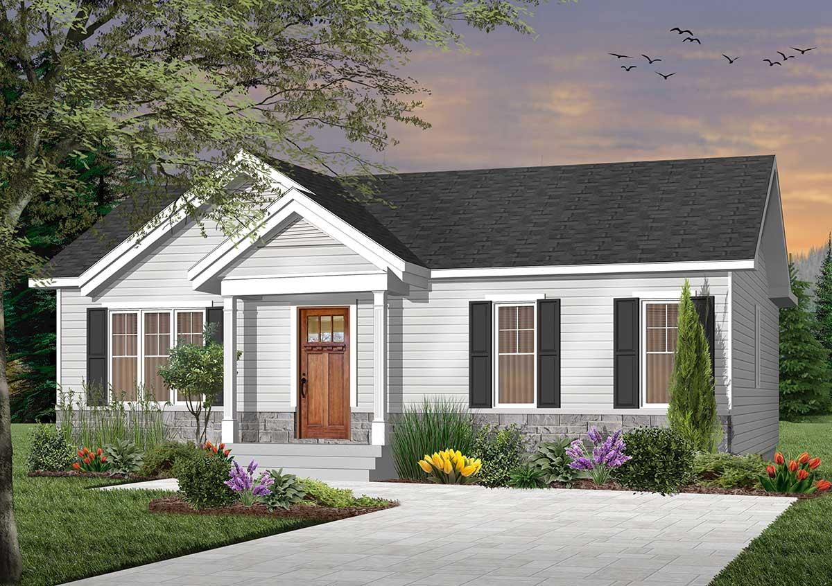 House plan exterior with Craftsman style, one story, front porch with columns, gabled roof, and decorative shutters.