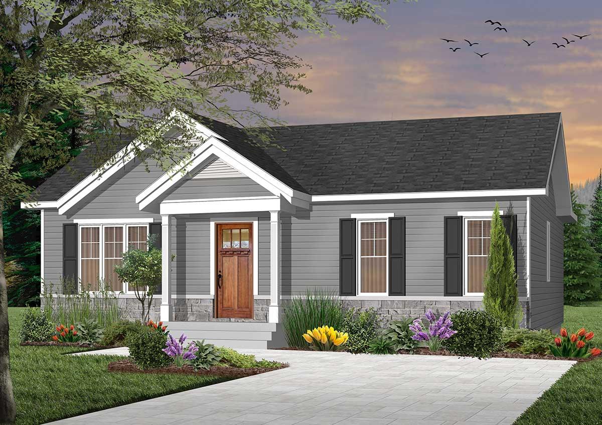 House plan exterior: One-story Modern Farmhouse with covered front porch, gabled roof, and stone wainscoting.