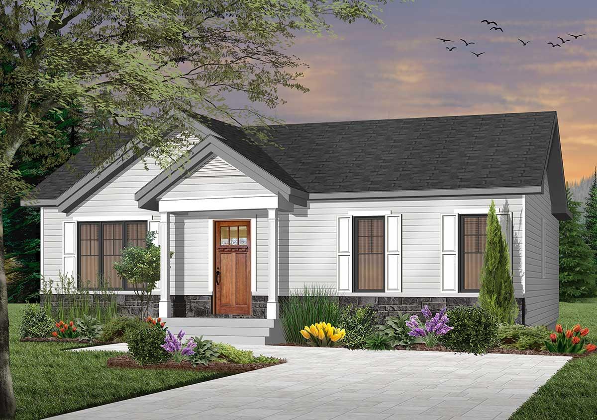 Ranch house plan exterior with covered entry porch, prominent gable, and stone wainscoting.