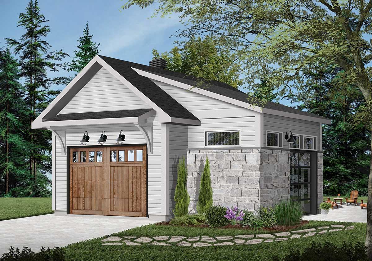 House plan exterior. One-story garage with gable roof and wood garage door. Features include stone veneer, bracketed eaves, and outdoor lighting.