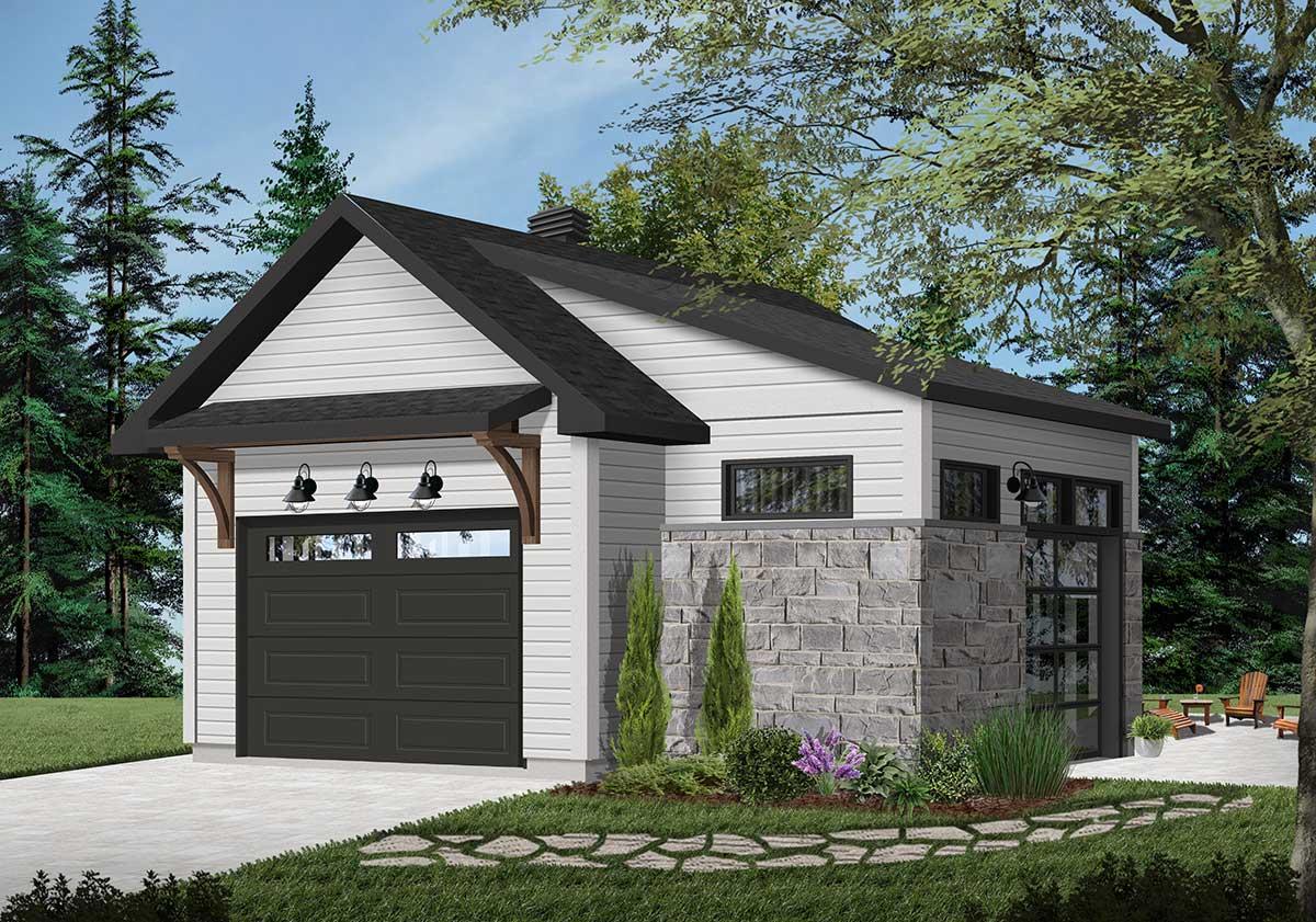 House plan exterior with stone base, single garage door with windows, and gabled roofline.