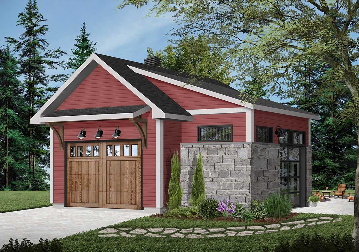House plan exterior: Two-story modern farmhouse with wood garage doors, stone base, and gable roof.