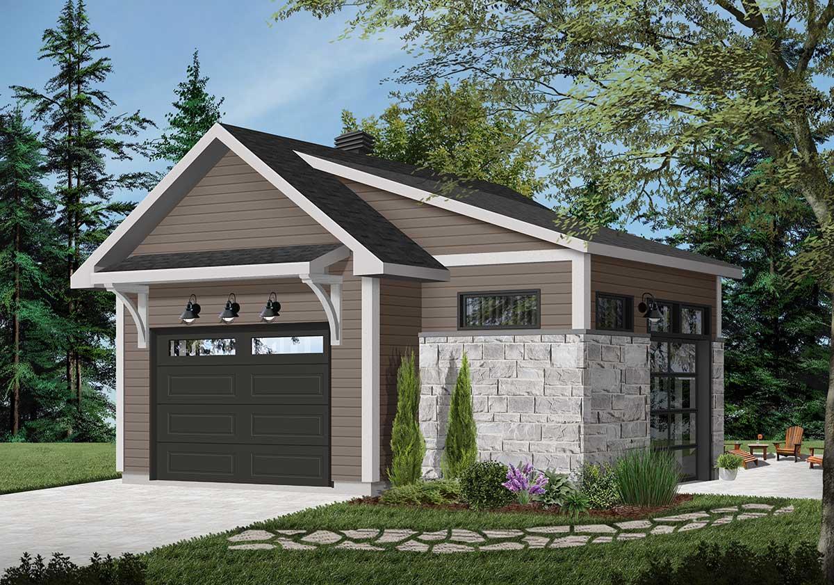 House plan exterior with a single-car garage, stone-clad entrance, and gabled roofline.