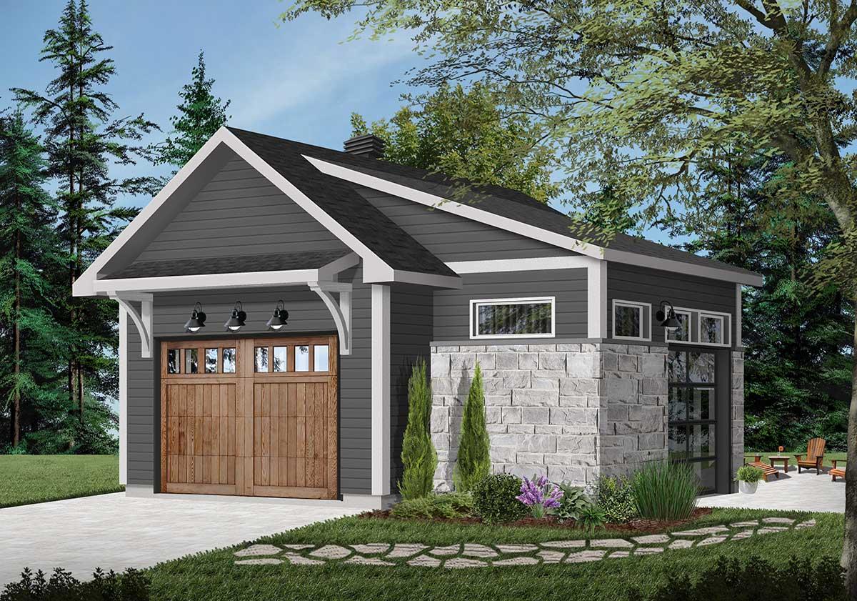 House plan exterior: Modern two-car garage with stone accents, wood doors, and a prominent gable.