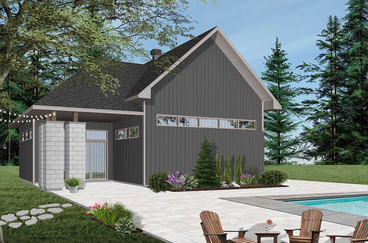 House plan exterior with modern style, one story, and a gabled roof. Features include a covered porch, and horizontal windows.
