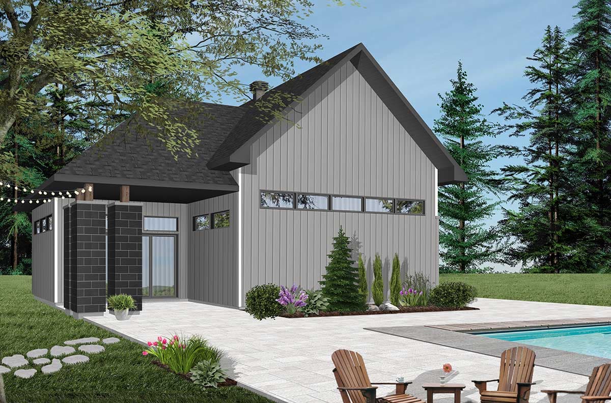 Modern house plan exterior with board-and-batten siding, a shed roof, and clerestory windows.
