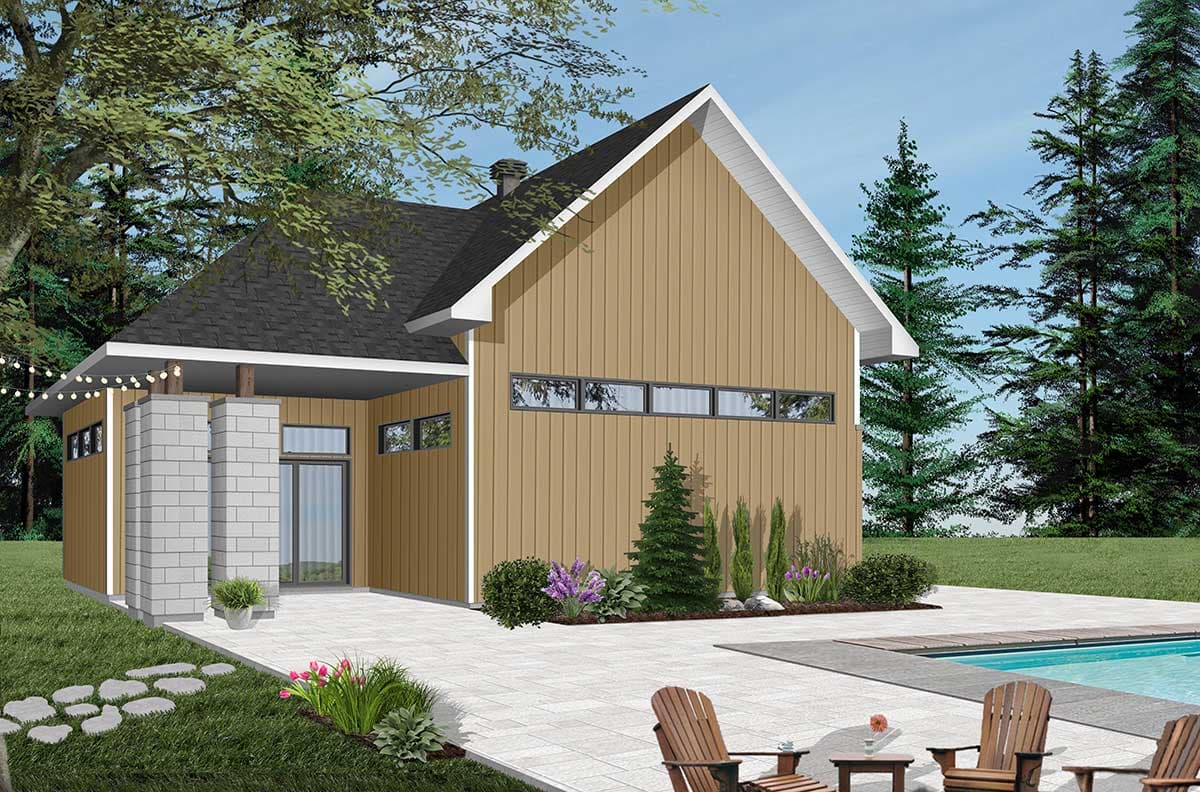 House plan exterior with modern shed rooflines, vertical siding, and clerestory windows.