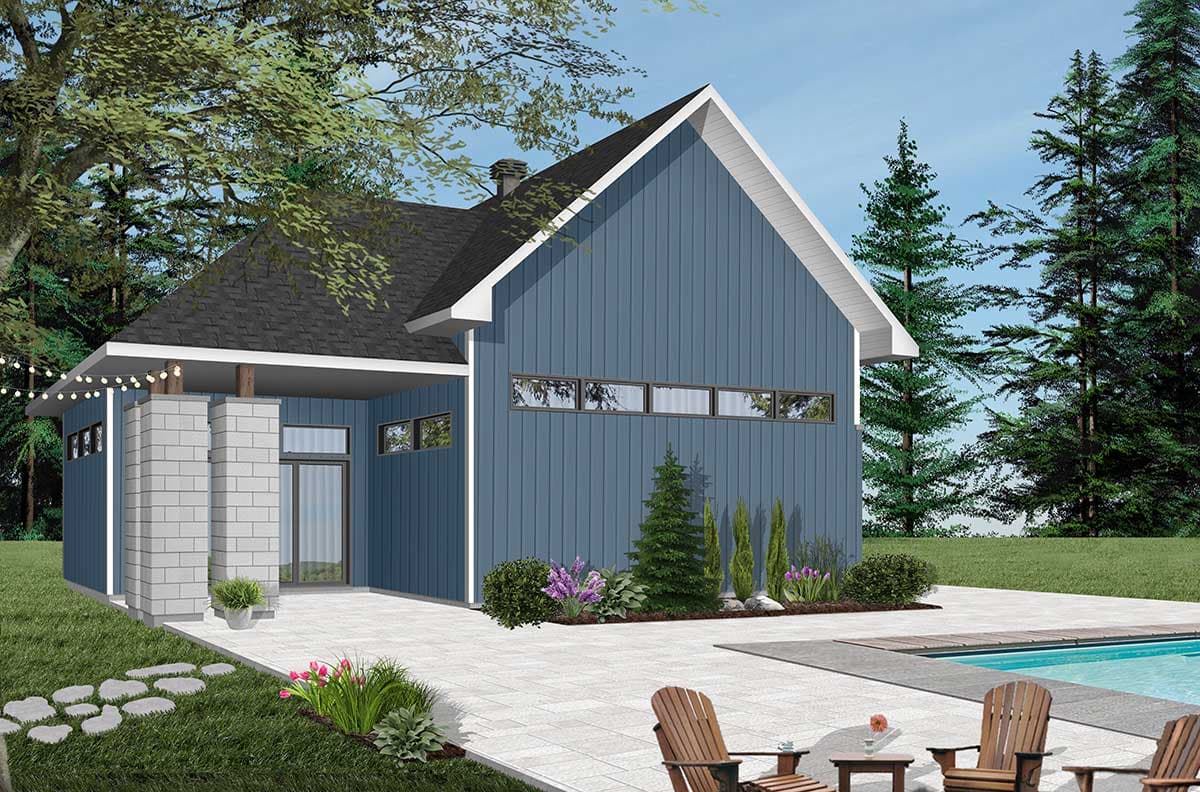 Modern house plan exterior with blue vertical siding, a gabled roof, prominent chimney, and clerestory windows.