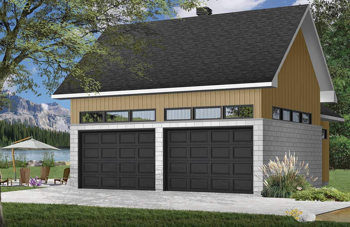 House plan exterior with two double garage doors, horizontal siding, and a gabled roof.