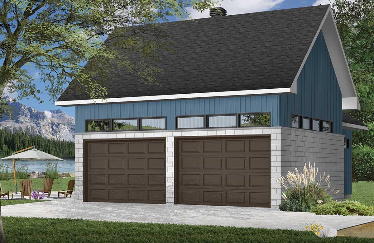 House plan exterior featuring a two-car garage, blue vertical siding, shingle accents, and a gable roof.