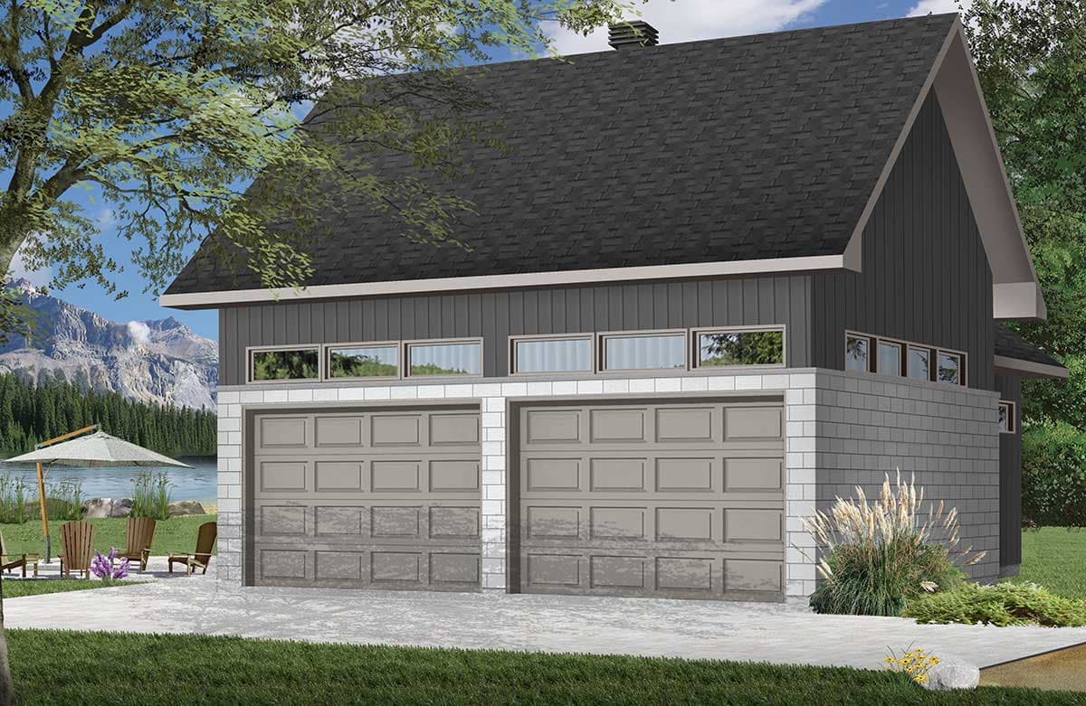 House plan exterior: Two-story garage with dual garage doors, shingle and board siding, and clerestory windows.