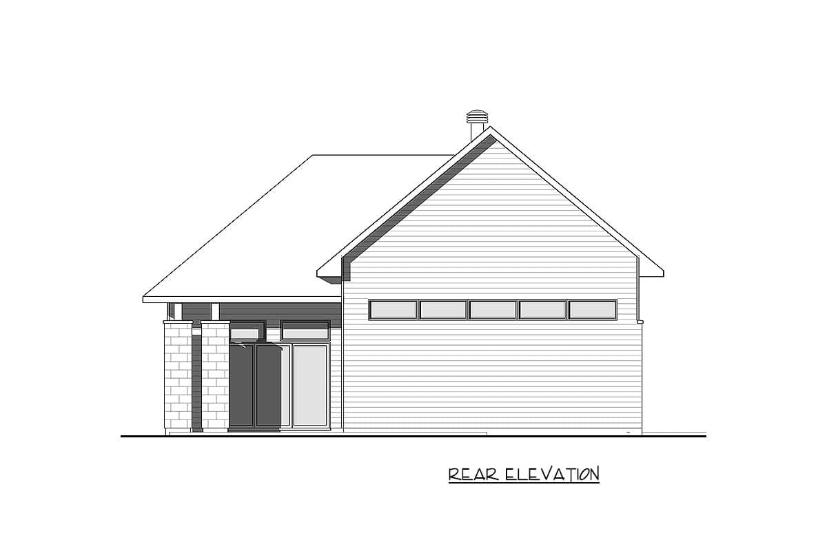 Rear elevation drawing of a house with a steeply pitched gable roof, horizontal siding, and a bank of windows.