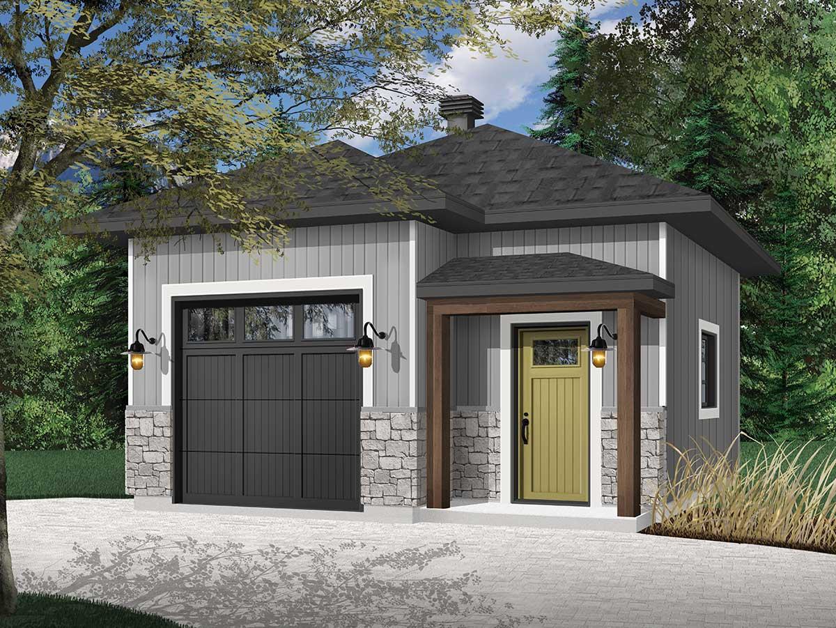 House plan exterior. One-story design with gray siding and stone accents. Features include a front entry portico, garage, and shed roof.