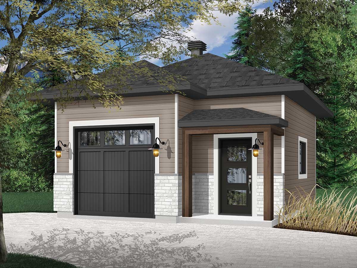 House plan exterior: One-story home with a front-facing garage, covered entry with wood posts, and lap siding.