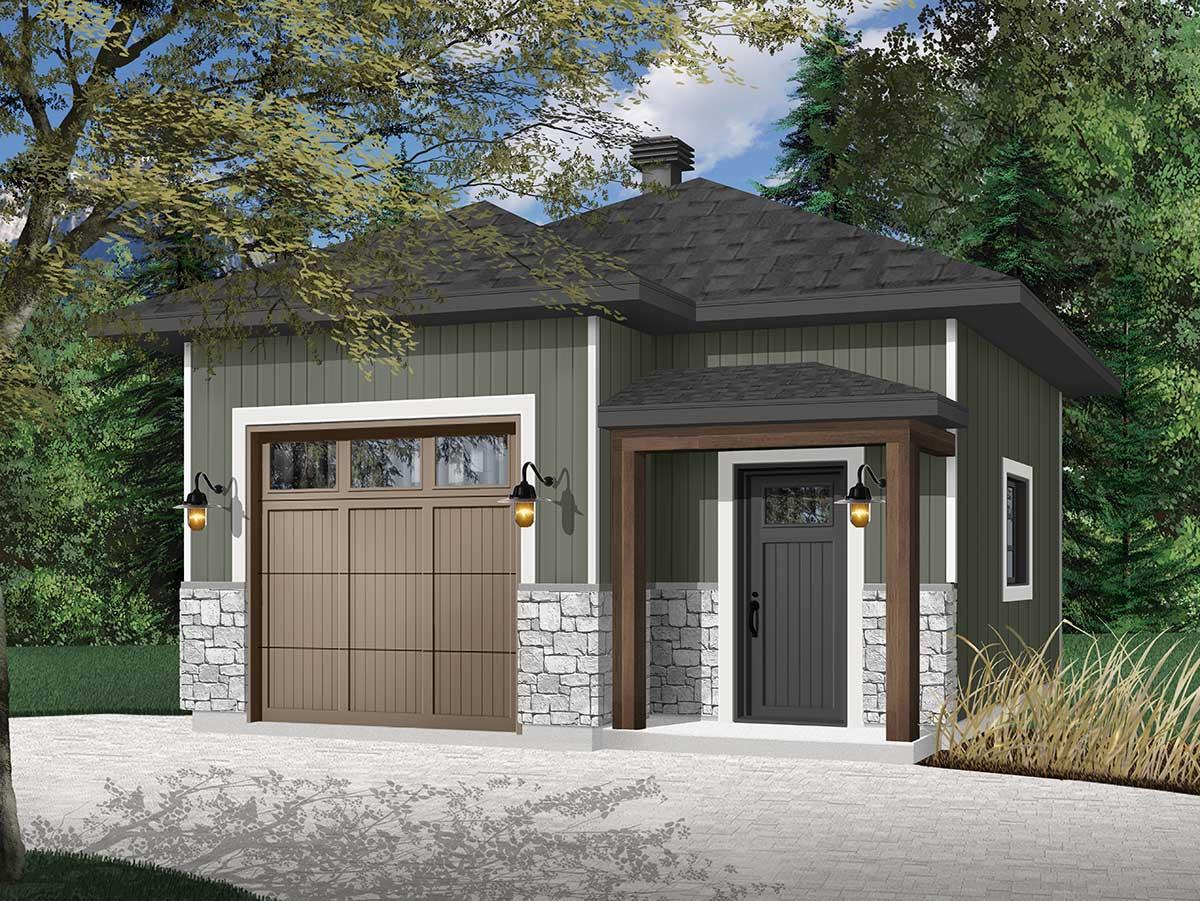House plan exterior: Modern style, one story, with garage, covered entry with wood posts, and stone base.