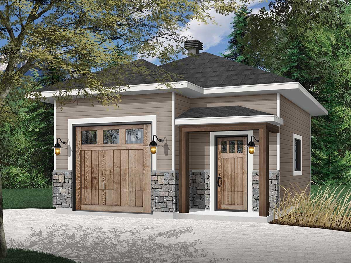 House plan exterior: Modern style with a detached garage, wood panel garage door, stone accents, and covered entry with wood posts.