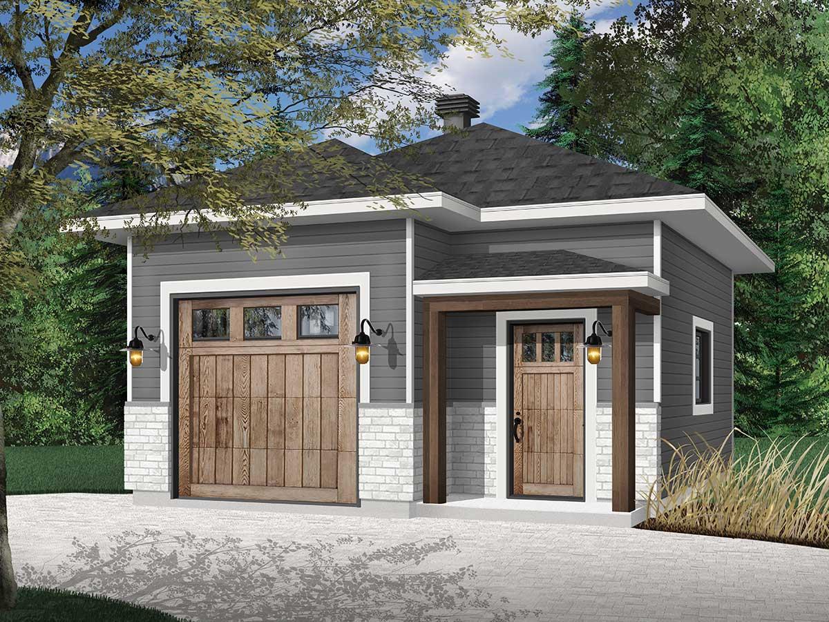 Modern house plan exterior with gray siding, white brick base, wooden garage door and entry door, and covered porch.