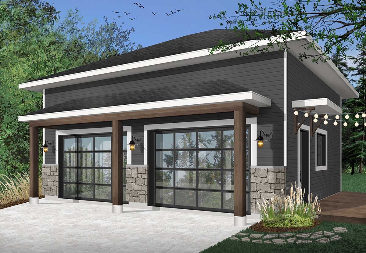House plan exterior of a modern garage with two glass doors, stone base, and covered entry with wood columns.