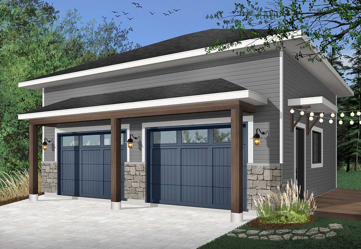House plan exterior featuring a two-car garage with dark blue doors, stone base, and a covered portico with wood columns.