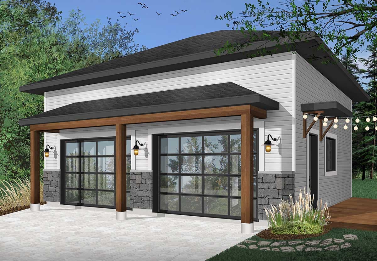 House plan exterior. Modern style with flat roof, open garage with glass doors, and exposed wooden support beams.