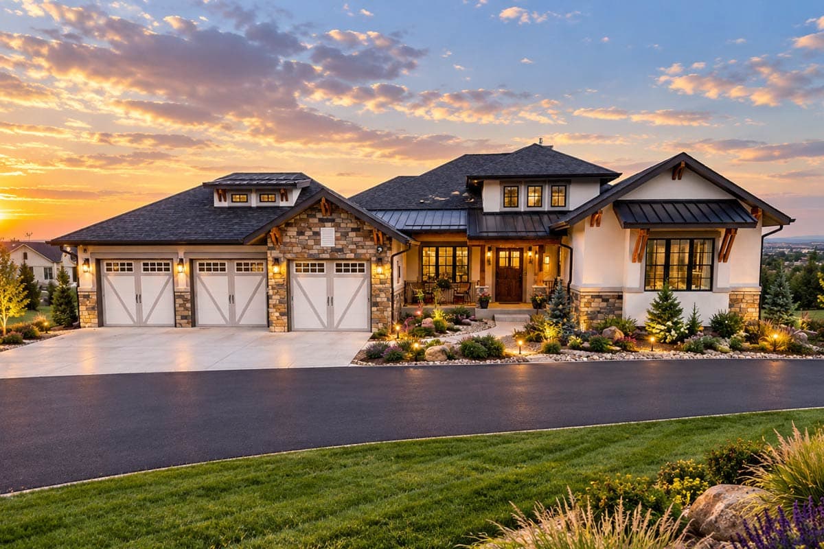 House plan exterior with stone accents, dark metal awnings, and a mix of gable rooflines. Features a three-car garage and entry porch.