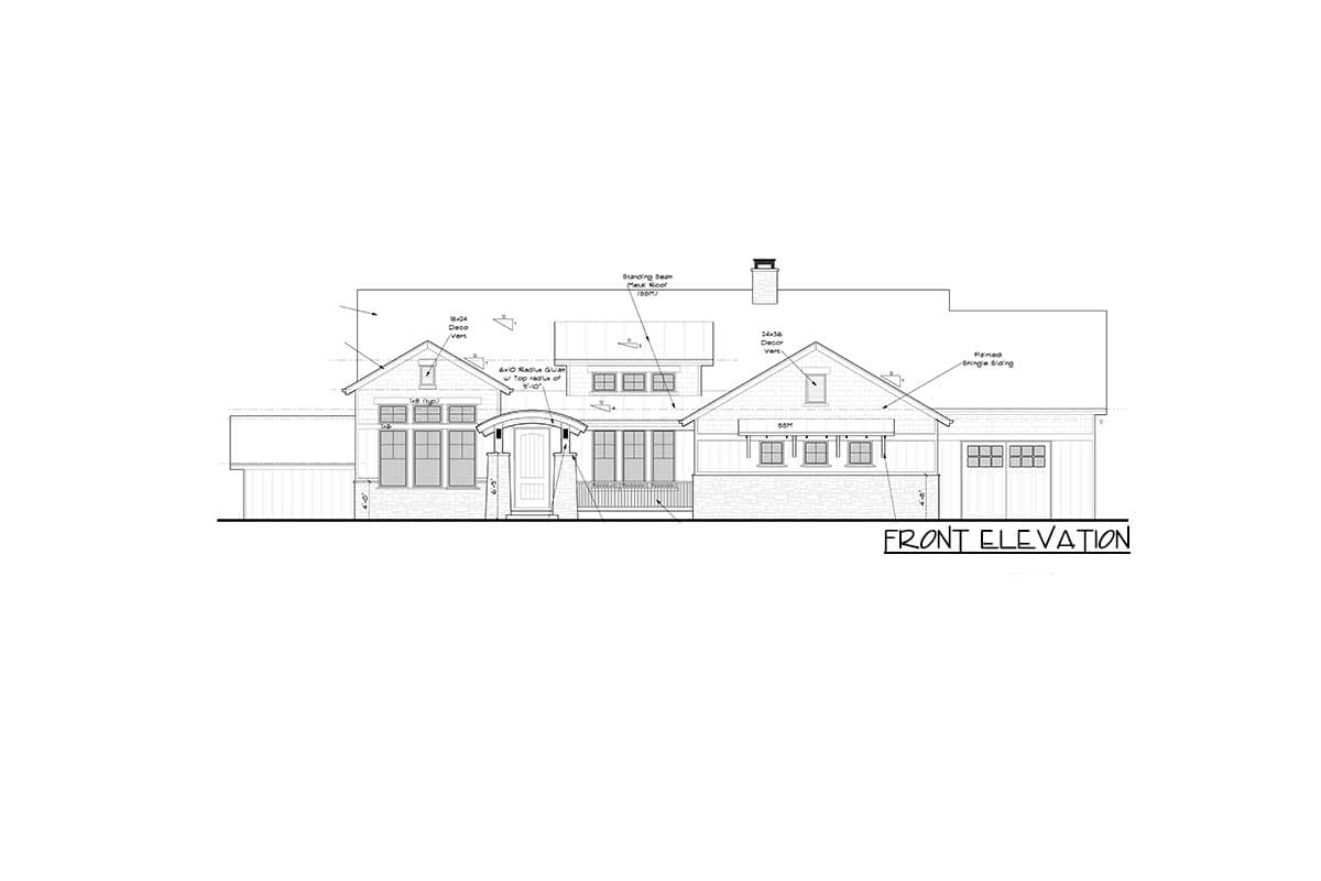 Front elevation house plan with gabled dormers, arched entry, and attached two-car garage.