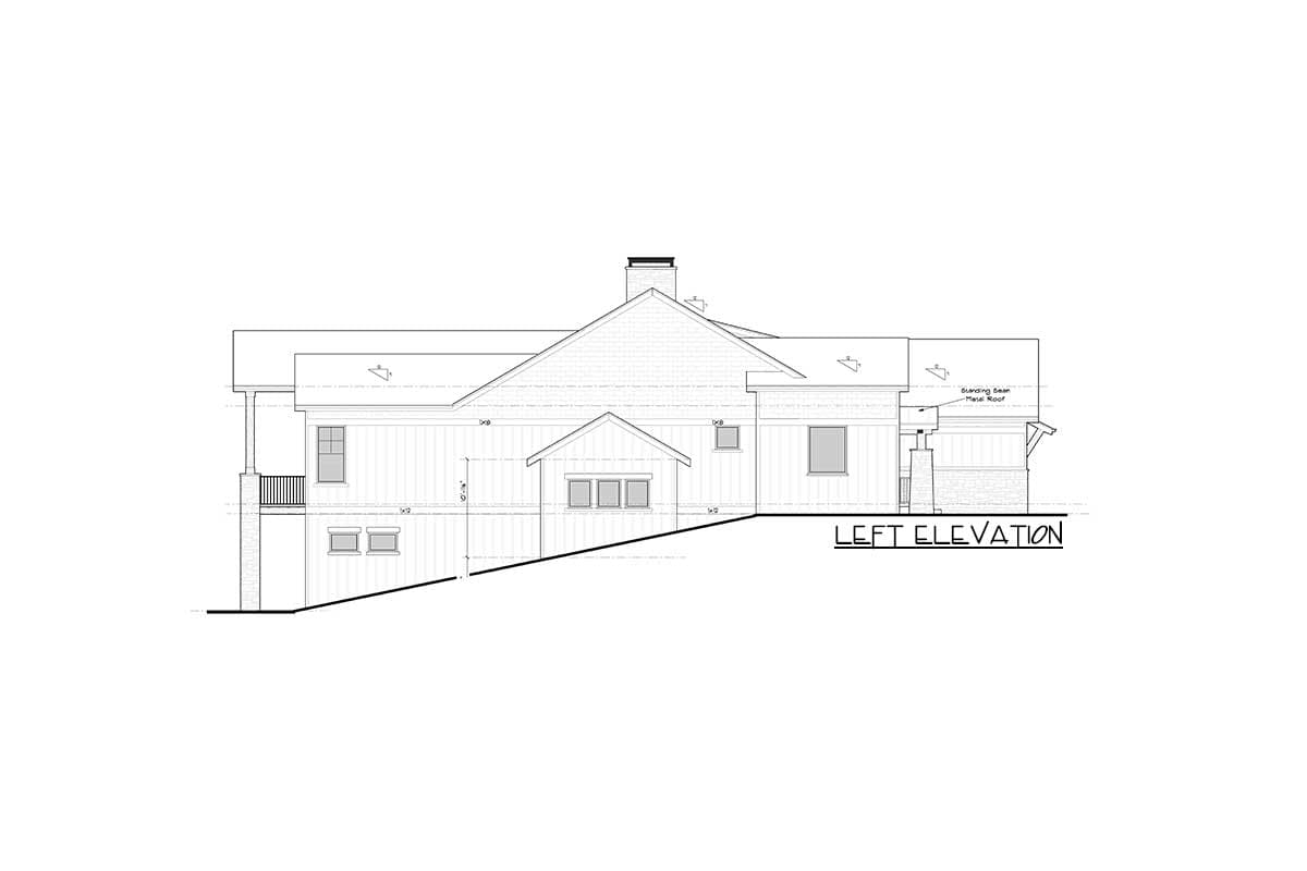 Left elevation drawing of a house plan showing a multi-story structure with a covered porch, gables, and various window types.