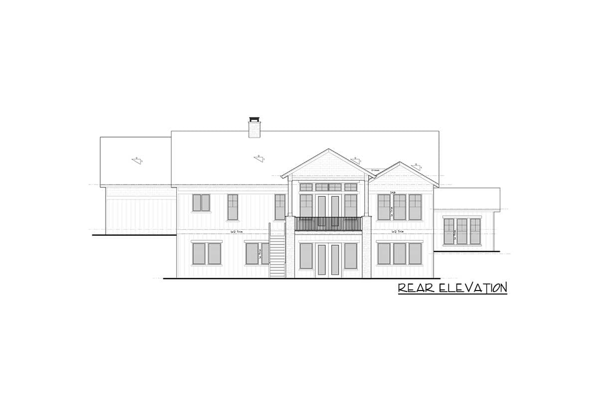 Rear elevation drawing of a house plan with a central balcony, multiple gables, and a chimney.