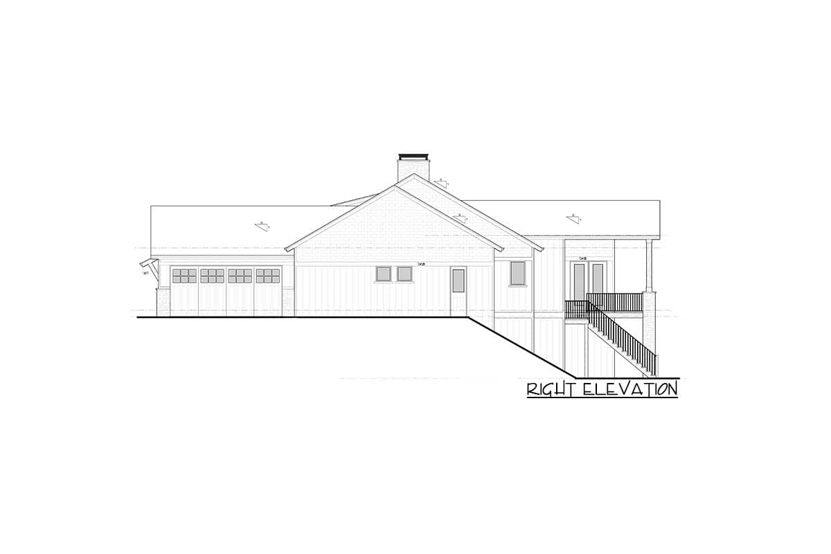 Architectural house plan drawing showing the right elevation with a multi-pane garage door, gables, and a side porch with stairs.