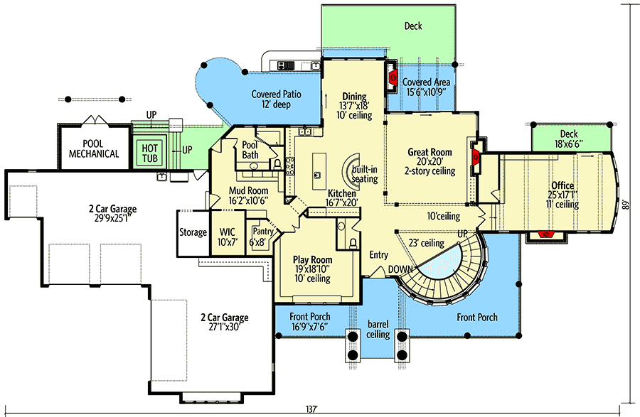 Plan 95054RW: Grand Shingle Style House Plan with Large Home Office with Fireplace - 5887 Sq Ft - Floor Plan - Main Level - Rustic, Shingle, Traditional