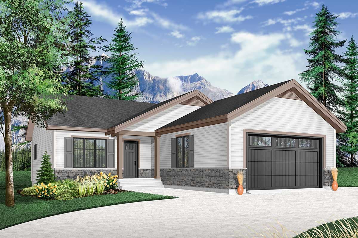 House plan exterior: Ranch style, single story, with gable roof, covered entry, stone skirt and attached two-car garage.